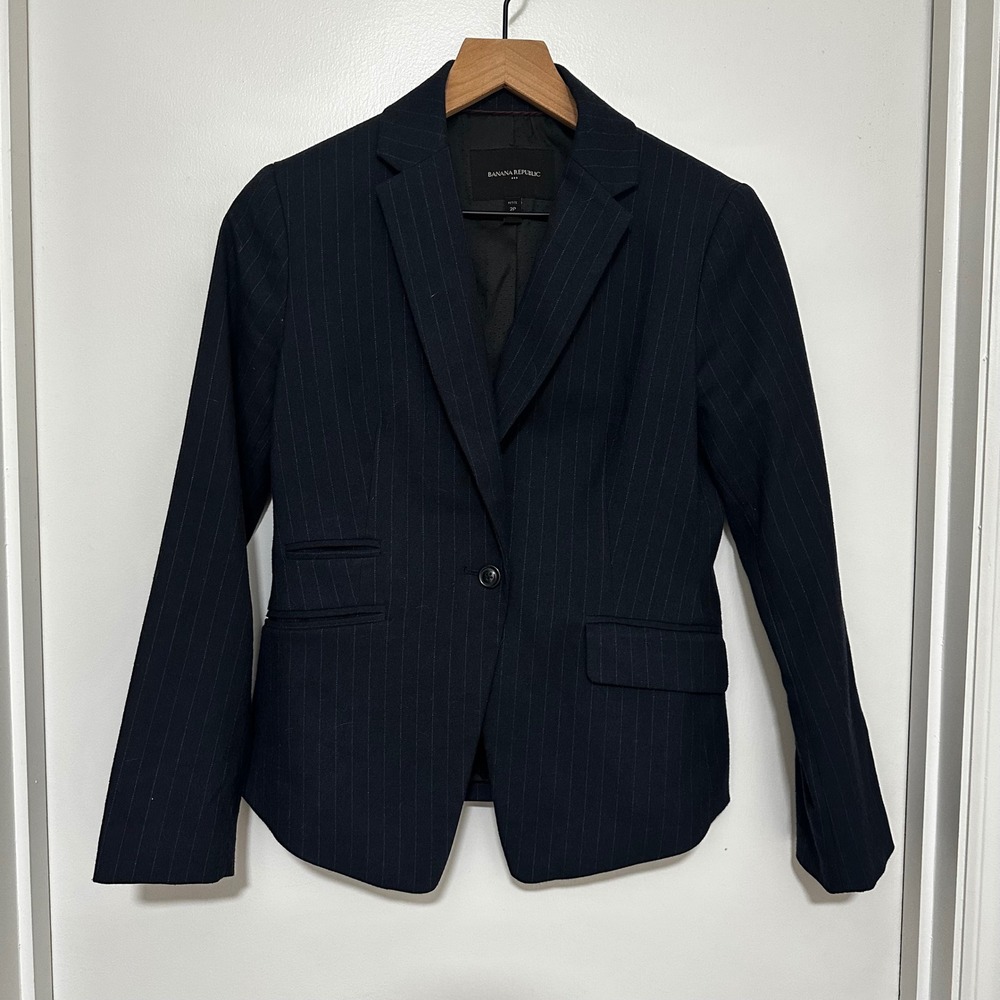 Banana Republic | Women's Navy Blue Pinstripe Single Button Blazer Jacket, 2P